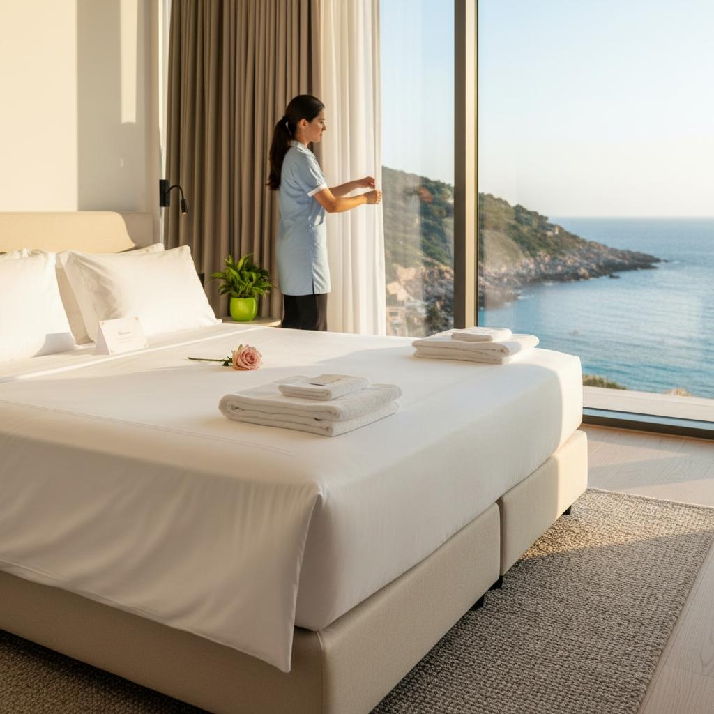Profesional preparando un dormitorio luminoso con vistas al mar