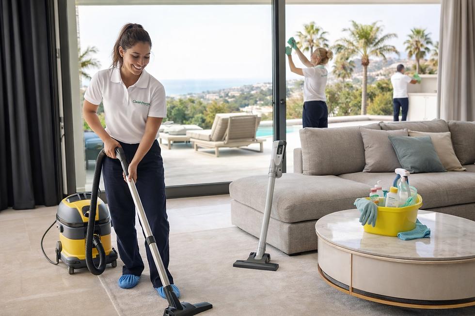 Equipo de limpieza en una villa con piscina