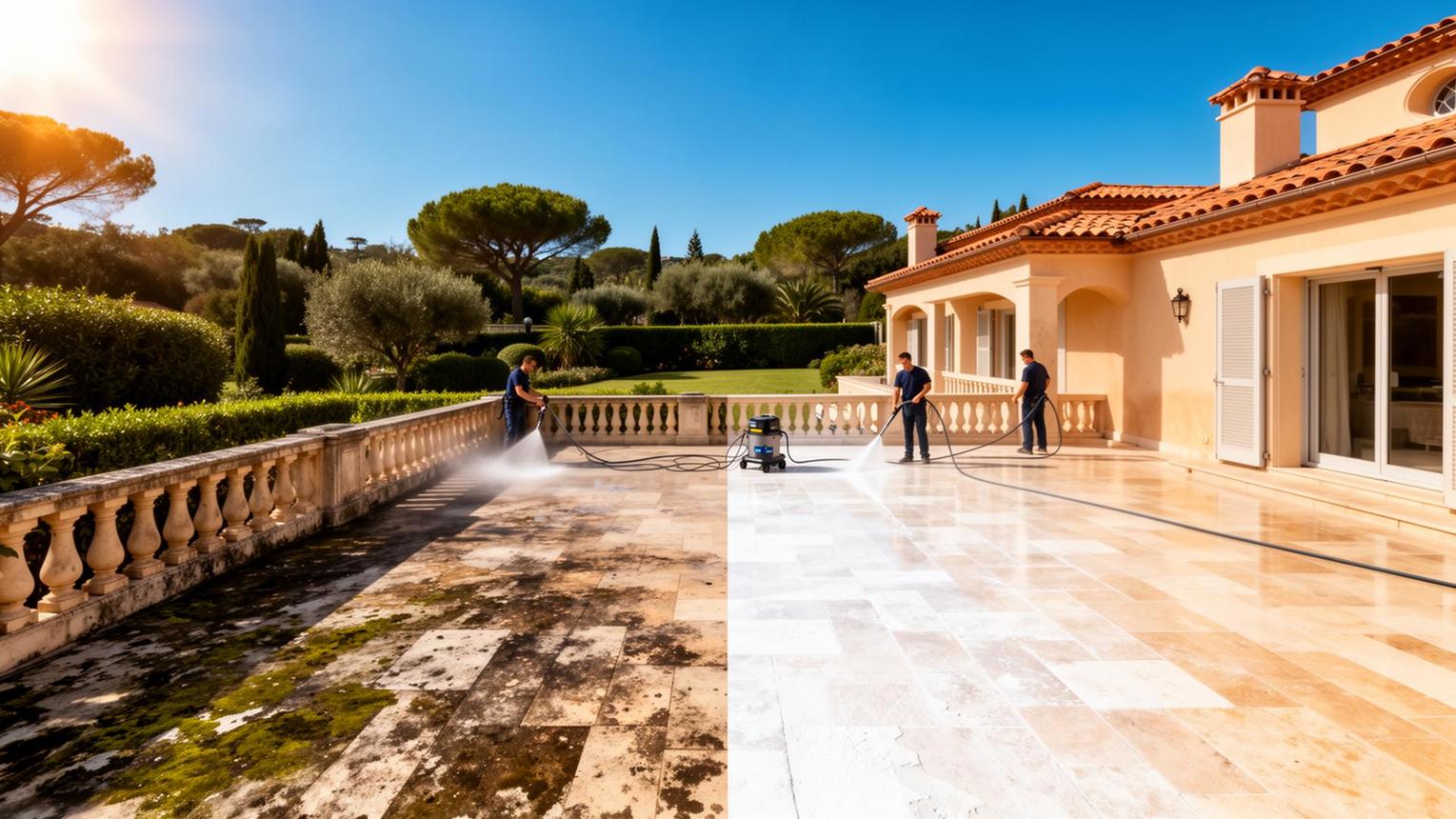 Equipo de mantenimiento limpiando el patio de piedra de una villa