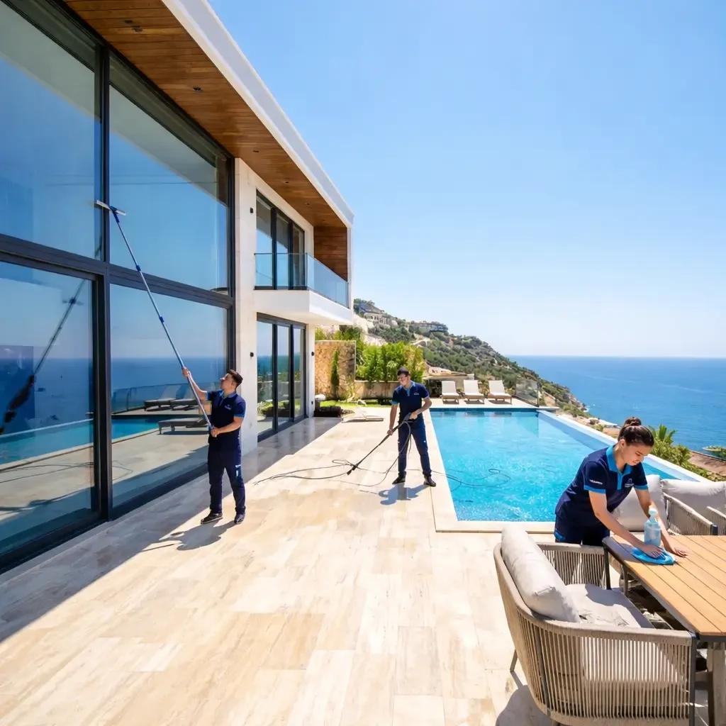 Equipo trabajando en la terraza y piscina de una villa con vistas al mar