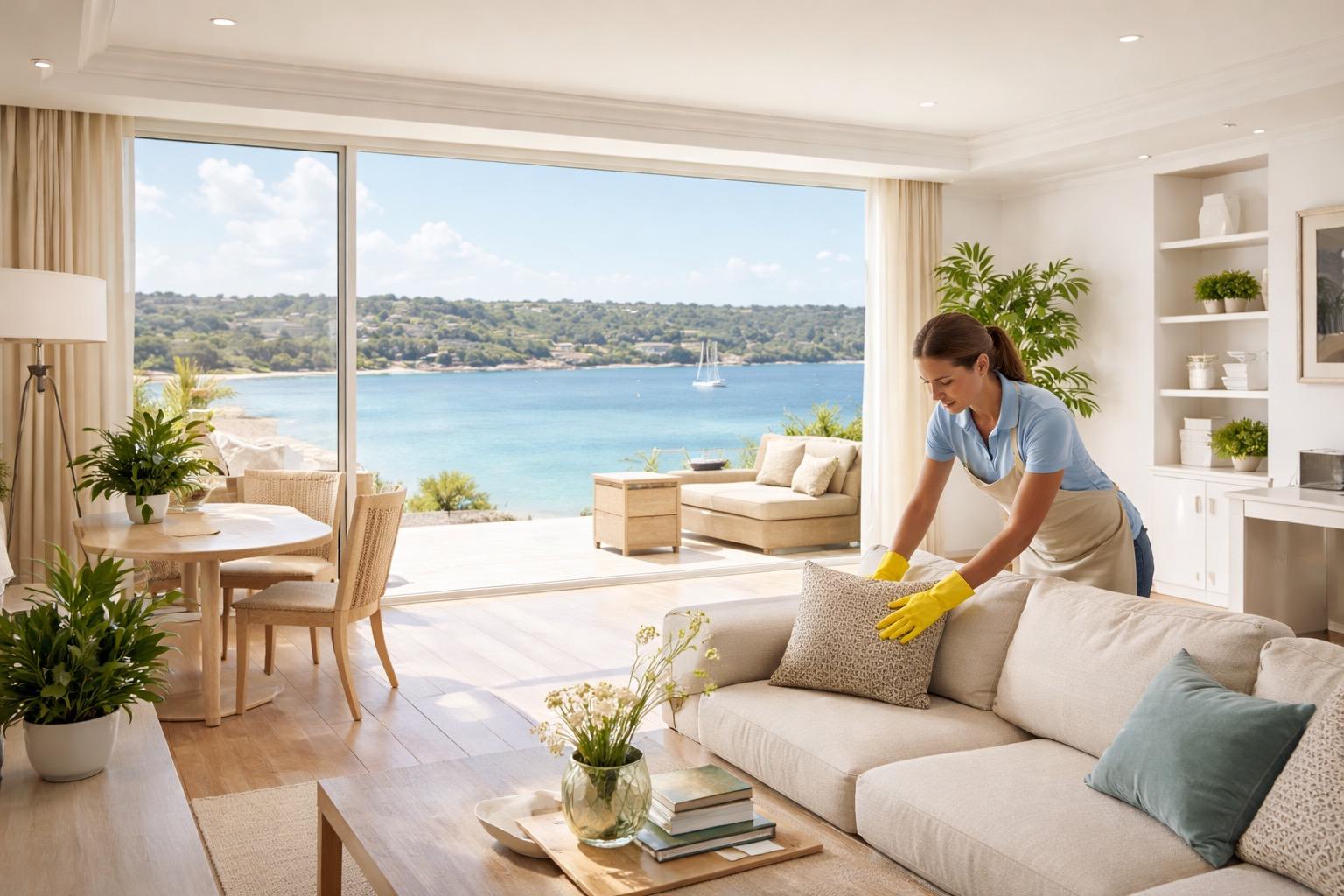 Preparando los cojines de un salón con vistas al mar para la llegada de huéspedes