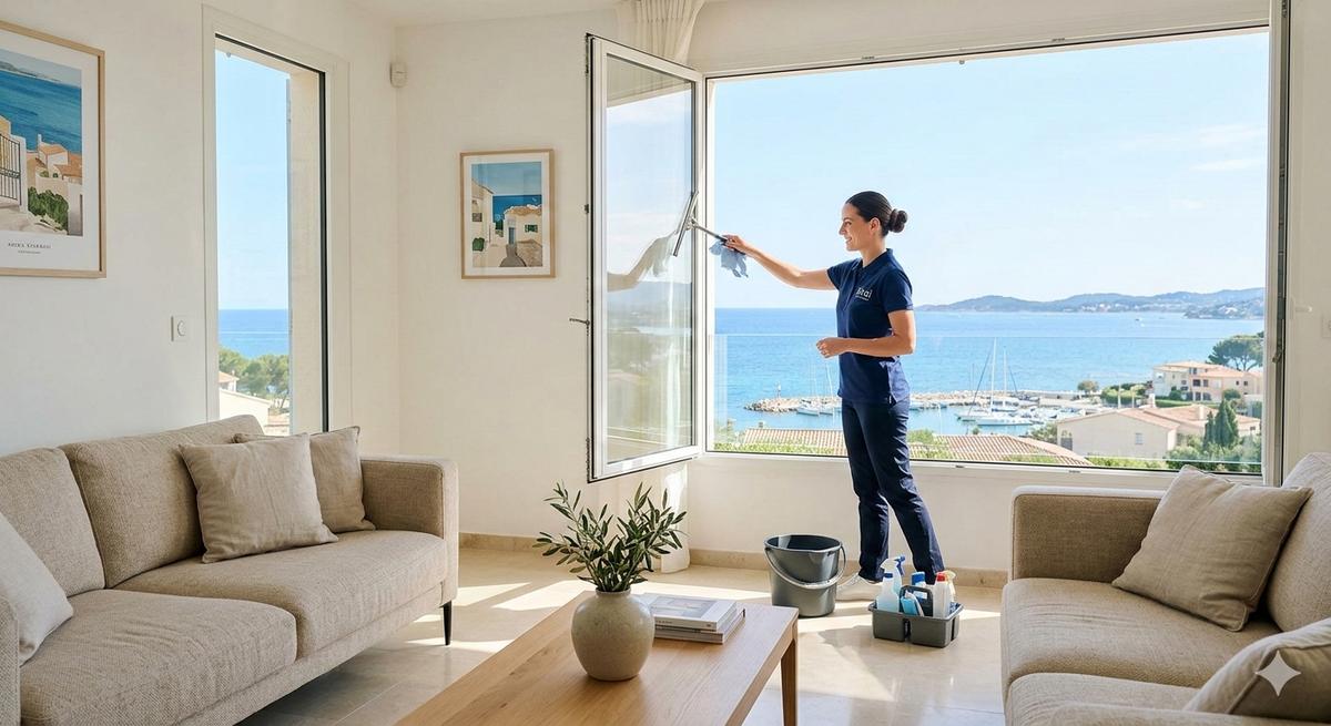 Salón con grandes ventanales y vistas al mar, listo para una sesión de fotos